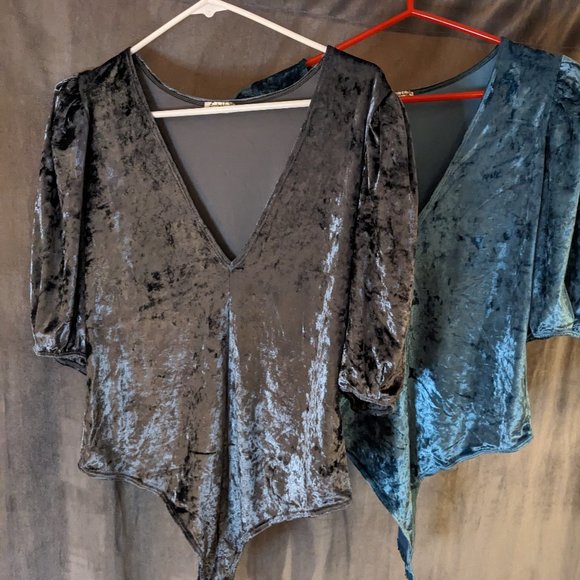 Free People Teal and/or Silver Don't You Wish Velvet Bodysuit (Large/US10/US12) - Picture 1 of 14